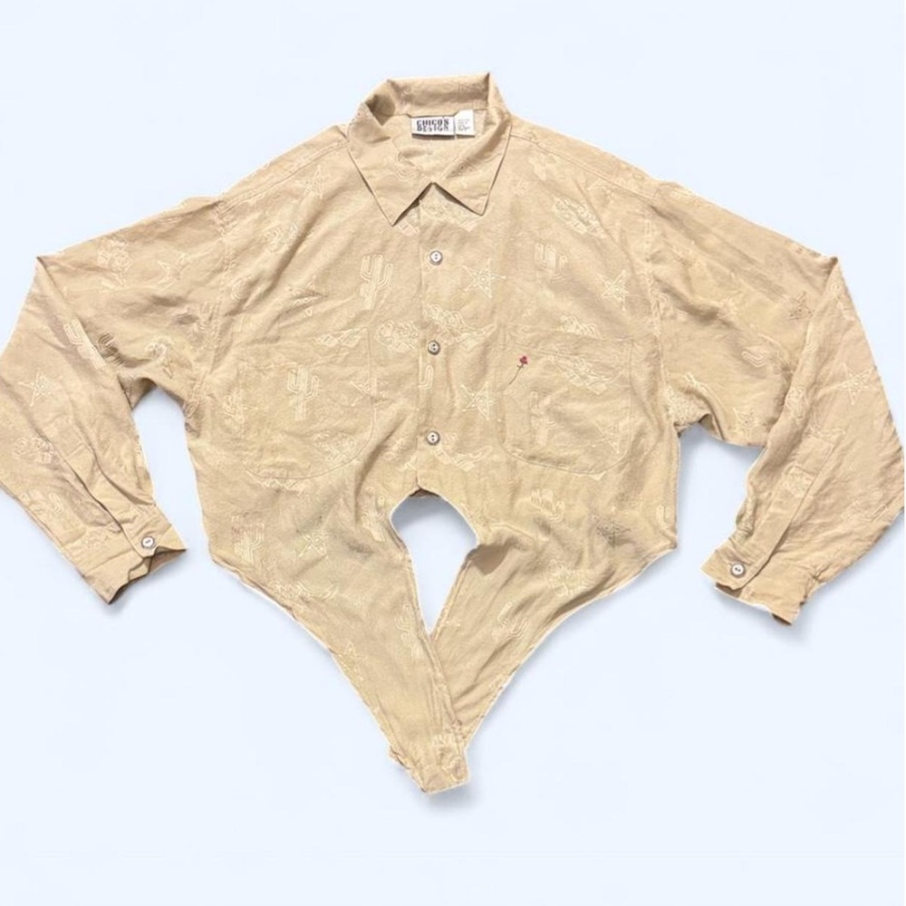 Chico's Beige silk Western screenprinted tie front blouse